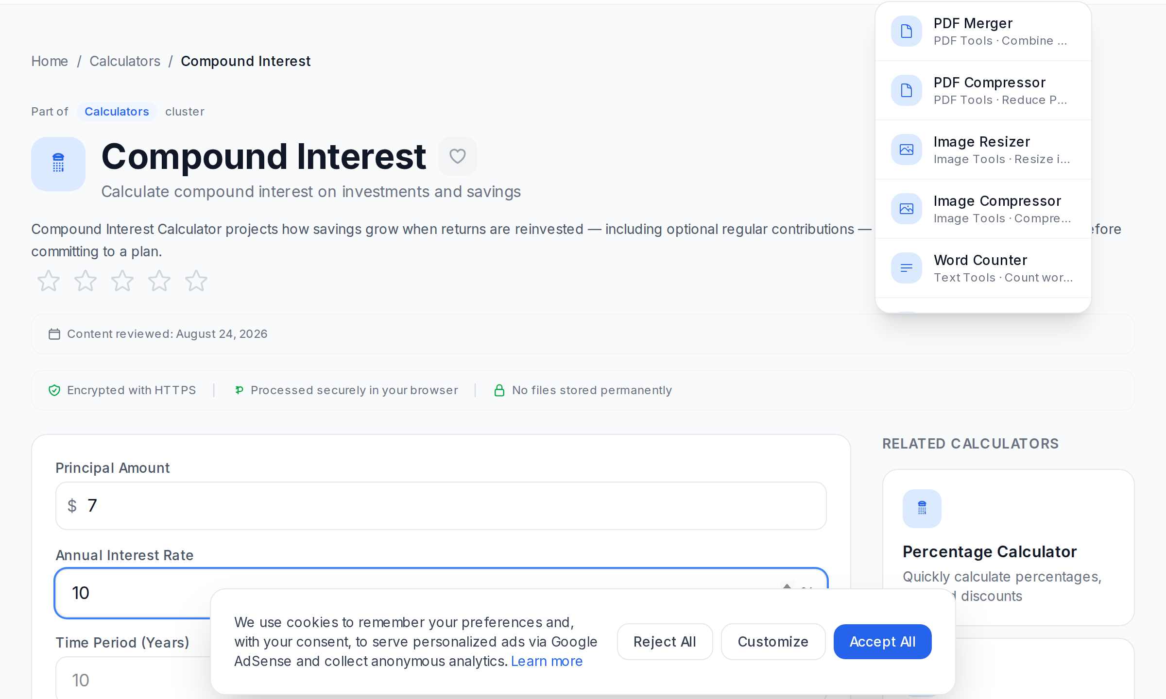 Compound Interest Calculator showing 10000 dollars growing at 7 percent for 10 years