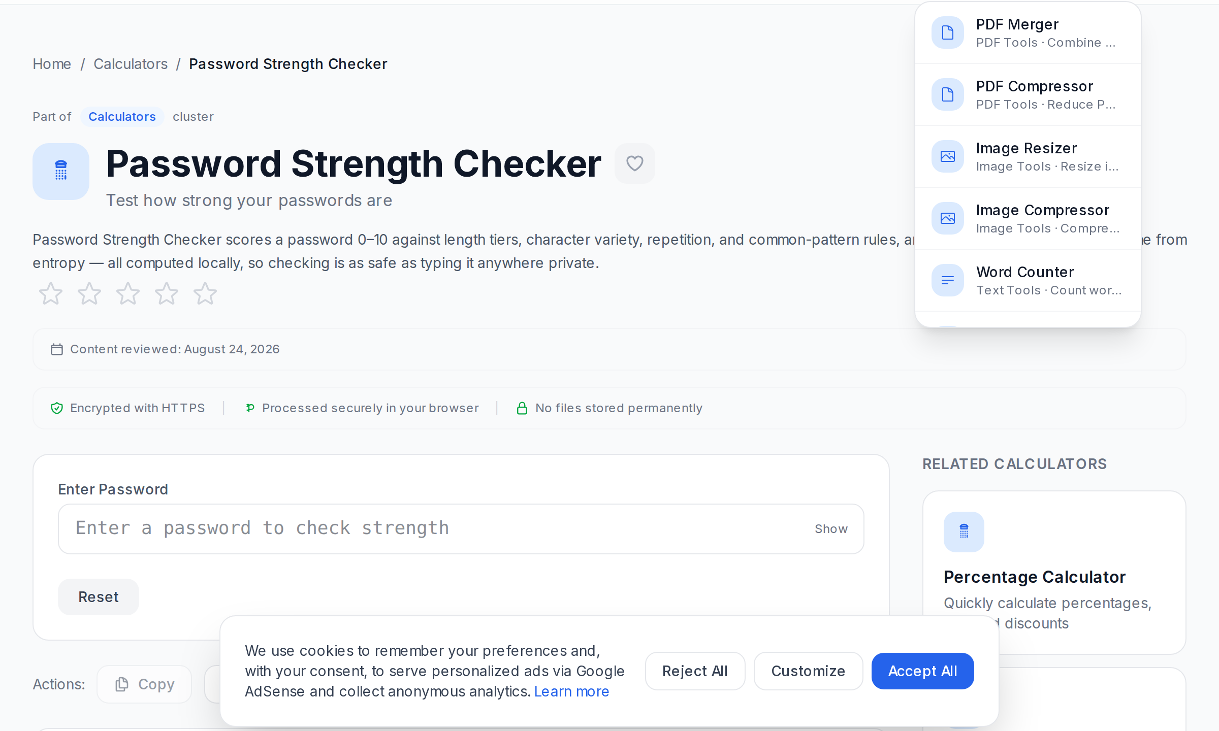 Password Strength Checker rating a password and showing entropy, score, and recommendations
