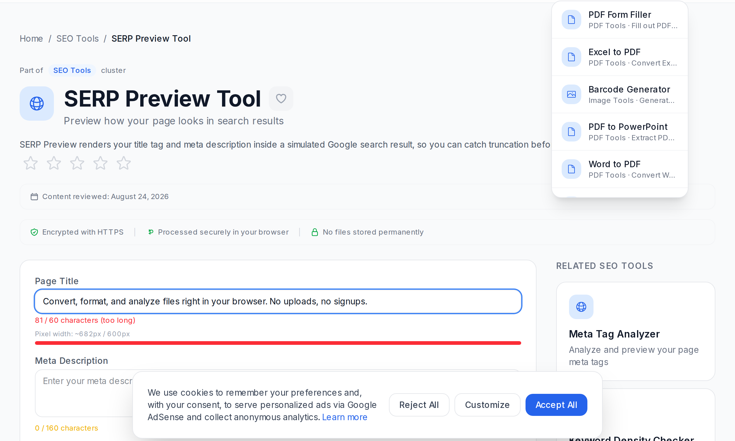 SERP Preview Tool rendering a Google-style search snippet from a title and description