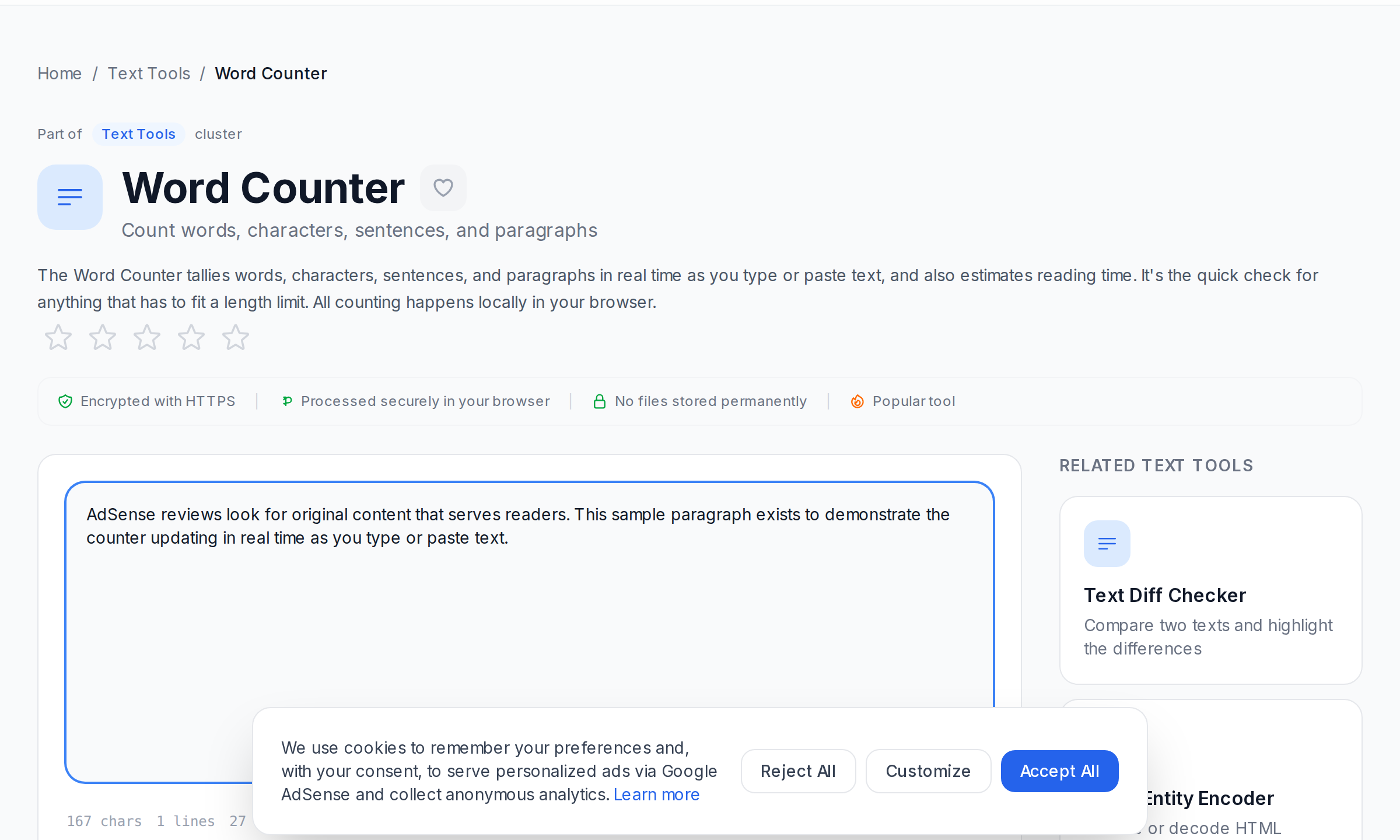 Word Counter showing live word character sentence and paragraph statistics for pasted text